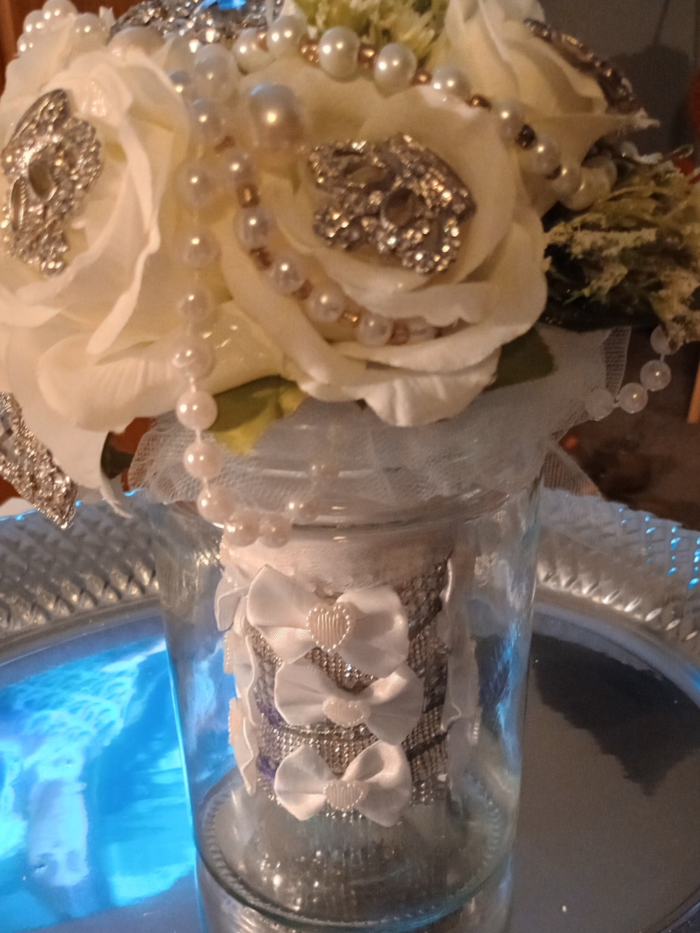 White Floral Bridal Bouquet With Crown Rhinestones & Pearls Designed By Maxine